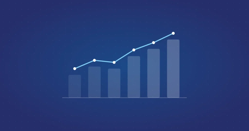 Bar chart with rising bars and a trend line across their tops.