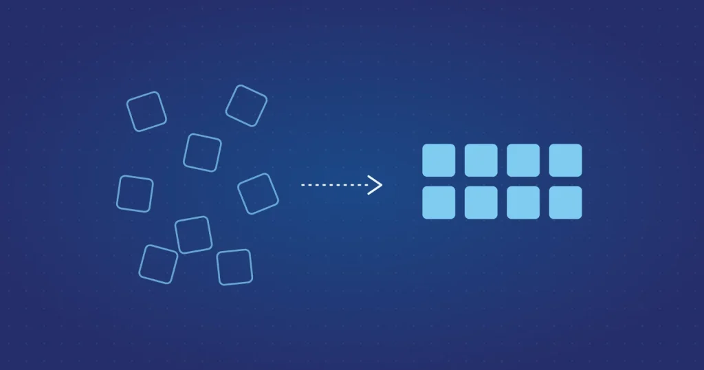 Scattered, tilted squares on the left and the same squares aligned in a grid on the right.