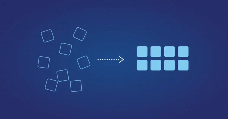 Scattered, tilted squares on the left and the same squares aligned in a grid on the right.